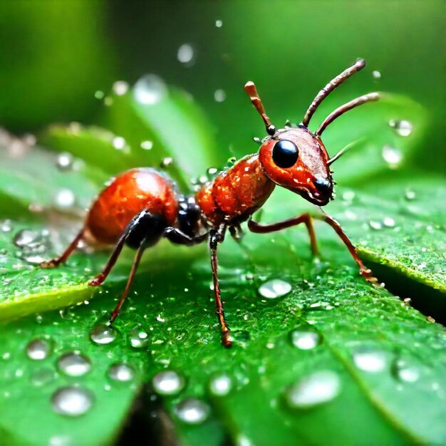 a bug with water drops on its face and a drop of water on the leaves