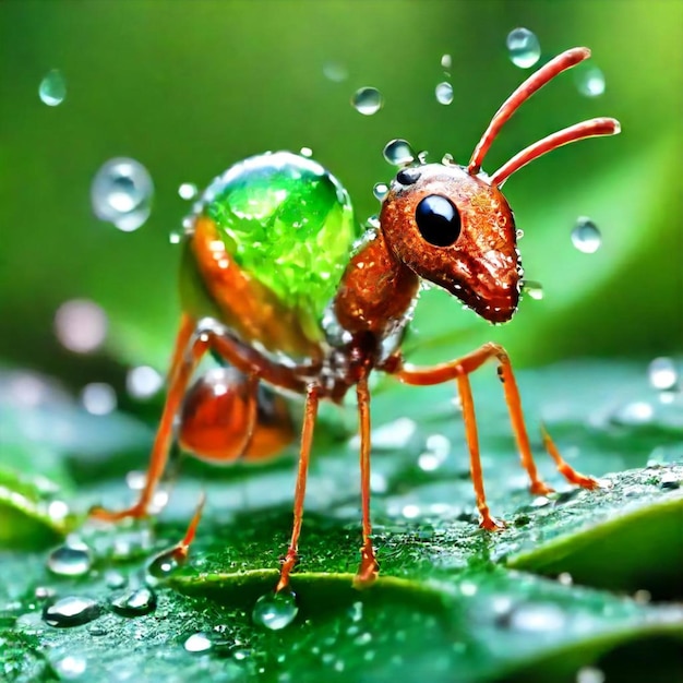 a bug with water drops on its face and a green droplet on the bottom