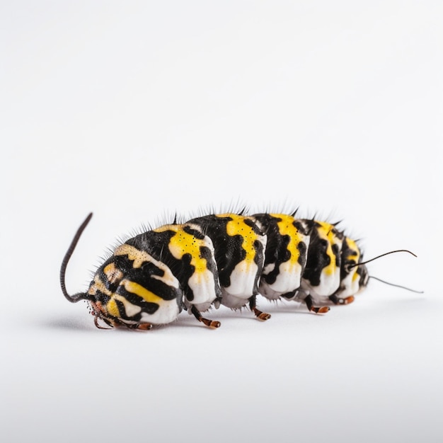 A bug with yellow and black stripes and black stripes is on a white surface.