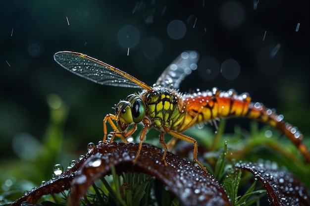 Photo a bug with yellow and orange wings is on a wet grass