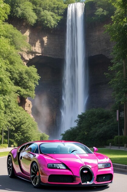 bugatti car full body mix color CITY background waterfall trees