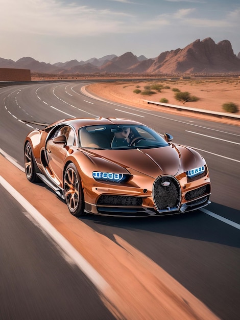 Bugatti Chiron in a copper metallic color drivie