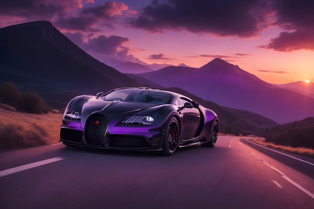 Bugatti driving down mountain road purple sky breathtaking sunset cinematic photo generated by Ai