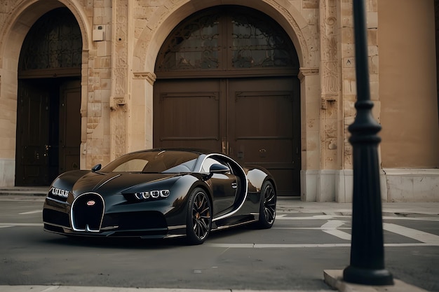 buggati chiron full carpon fiper in front of a palace