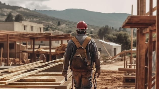 Builder carries a steel beam on his shoulder Generative AI