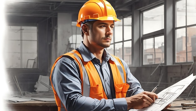 A builder in a construction with a vest and an orange helmet with other safety