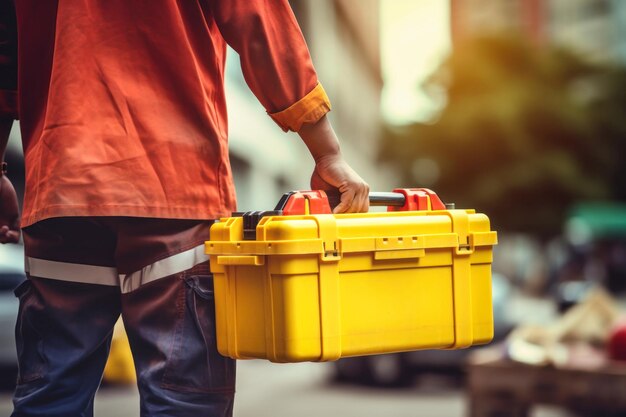 A builder is walking down the street carrying a bright yellow tool box