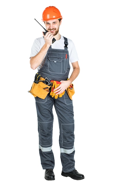 The builder talks swears on thewalkietalkie isolated on white background