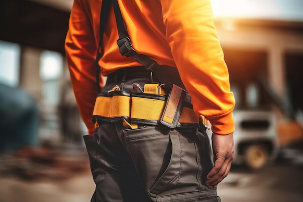 A builder wearing an orange shirt is holding a tool belt ready to work