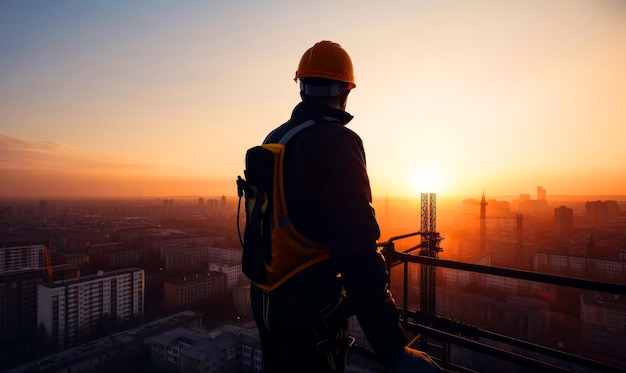 Builder working on heights looks at the city from top Rear view of a man in vest and yellow cask at sunset Generative AI