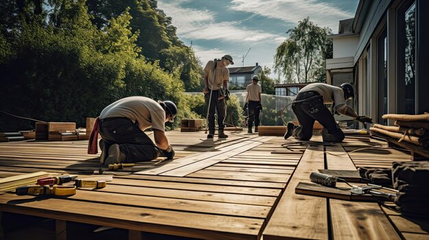 Builders as they meticulously construct a wooden deck for a residential property combining craftsmanship Generated by AI