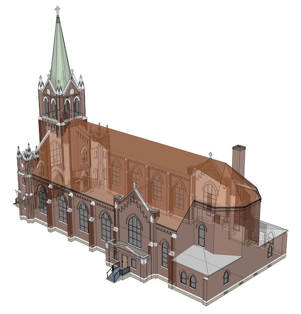 The building of the Catholic church, views from different sides. Three-dimensional illustration on a white background. 3d rendering.