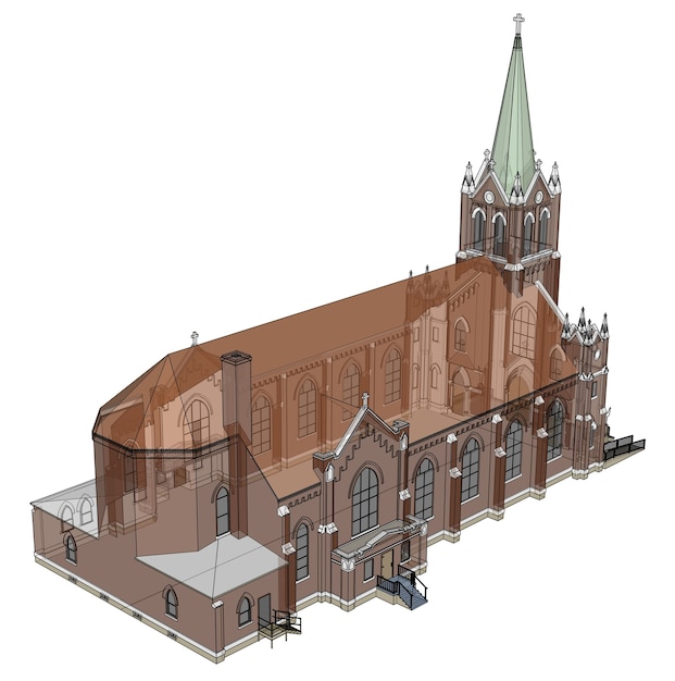 The building of the Catholic church, views from different sides. Three-dimensional illustration on a white background. 3d rendering.