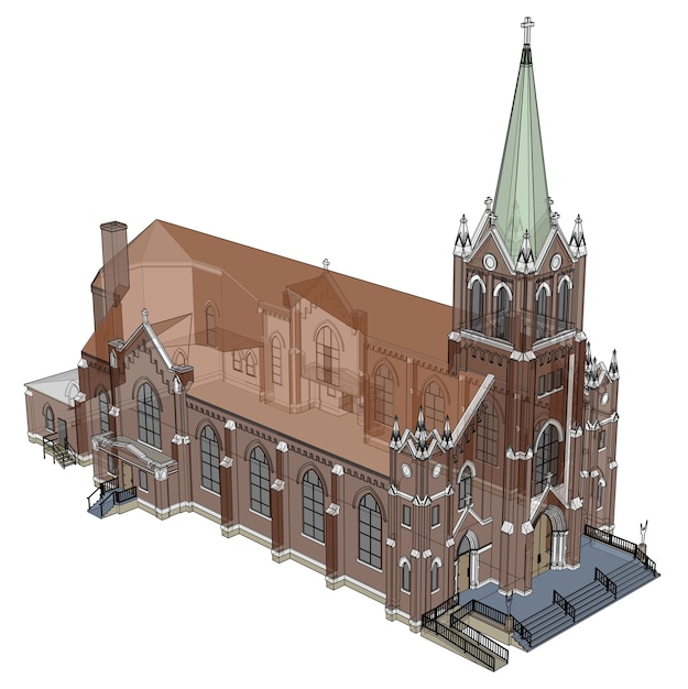 The building of the Catholic church, views from different sides. Three-dimensional illustration on a white background. 3d rendering.