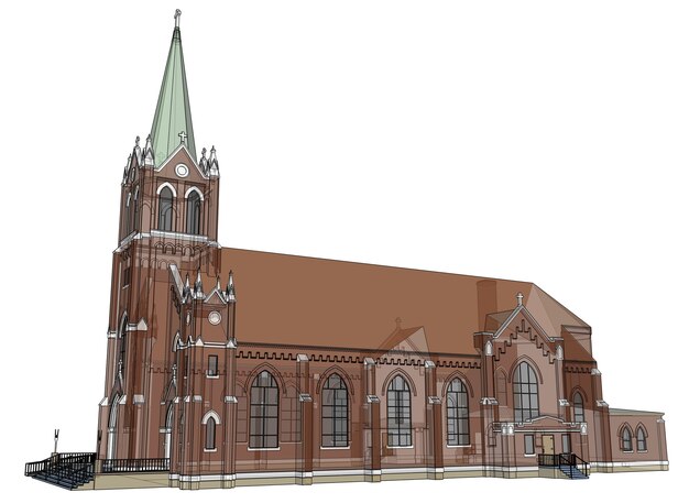 The building of the Catholic church, views from different sides. Three-dimensional illustration on a white background. 3d rendering.