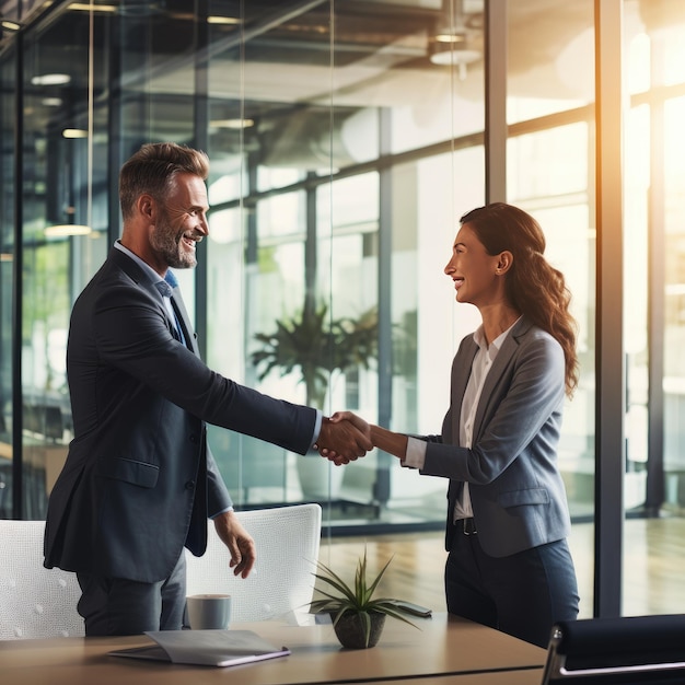 Building Connections Empowered Business Professionals Shake Hands in a Dynamic Welcoming Workplace