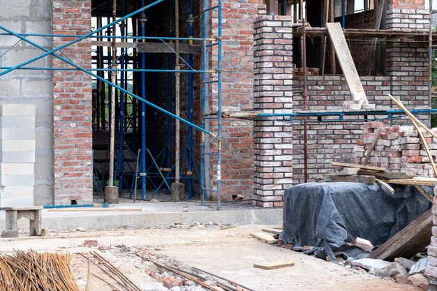 Building under construction industrial background Construction site with scaffolding