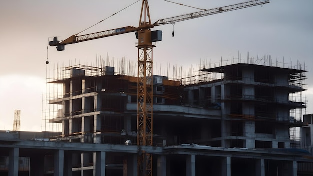 A building under construction with a crane in the foreground