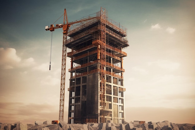 a building under construction with a crane on the top