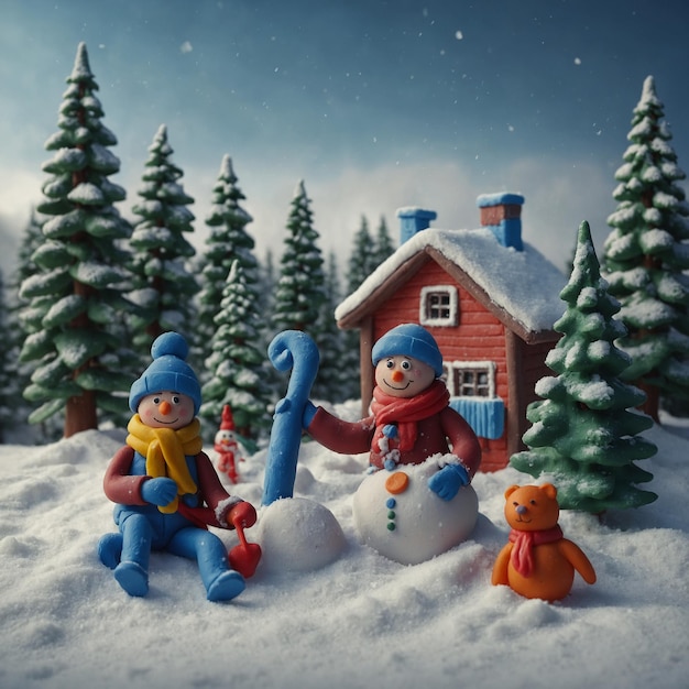 Photo building creative snowmen and adventuring through snowy terrains in a whimsical plasticine winter world