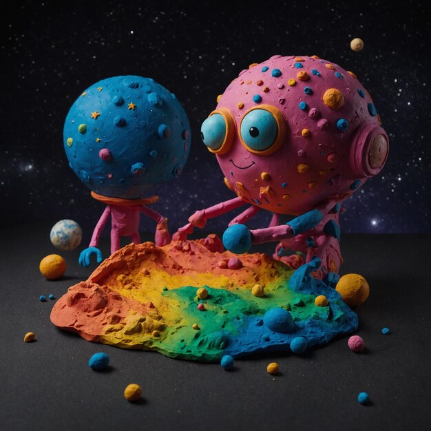 Photo building a detailed clay solar system and animating vibrant space adventures with handmade plasticine figures