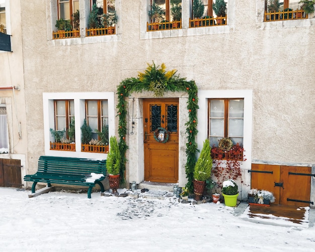 Building door in Gruyeres town village in Switzerland in winter