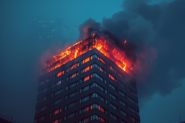 Building engulfed in flames firefighters battling blaze amidst smoke and chaos