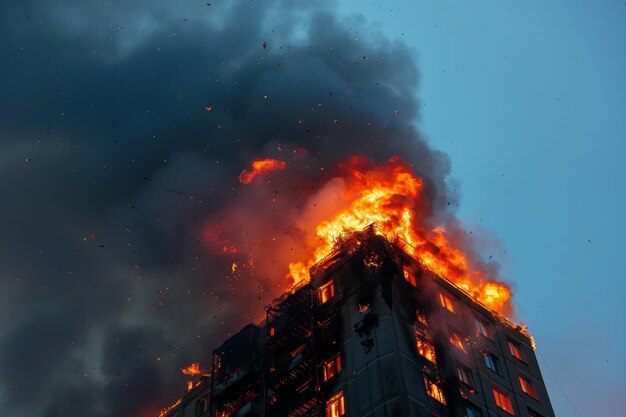 Building engulfed in flames firefighters battling blaze amidst smoke and chaos