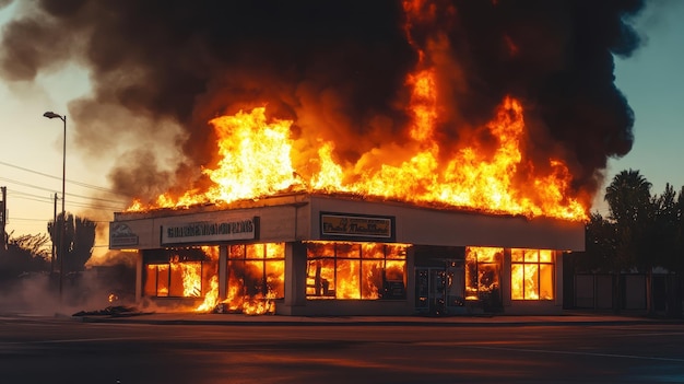 Photo a building engulfed in flames with thick smoke billowing into the sky