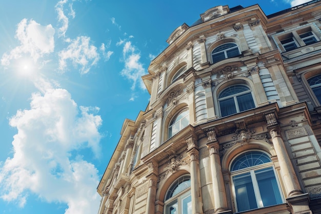 Building exterior with bright blue sky background