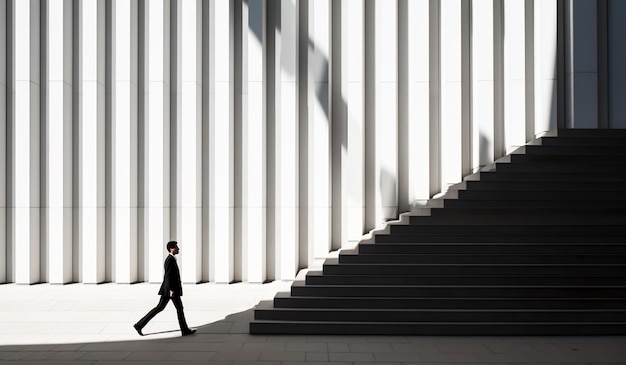 Building facade perspective with grand staircase and projected light and shadows AI generated