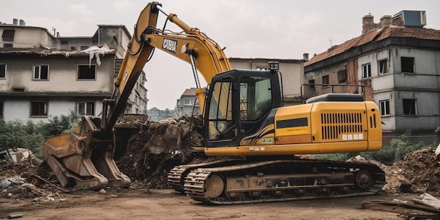 Building house demolition site excavator with hydraulic crasher machine and yellow container