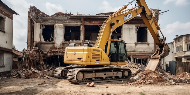 Building house demolition site excavator with hydraulic crasher machine and yellow container