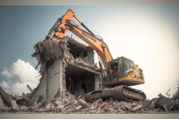 Building House Demolition site Excavator with hydraulic crasher machine and yellow container