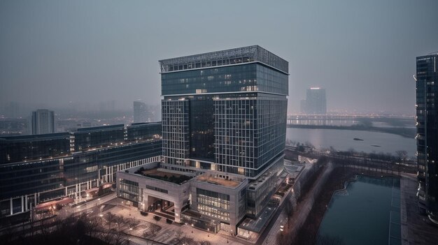 the building is covered in fog and the city lights are visible on the right.