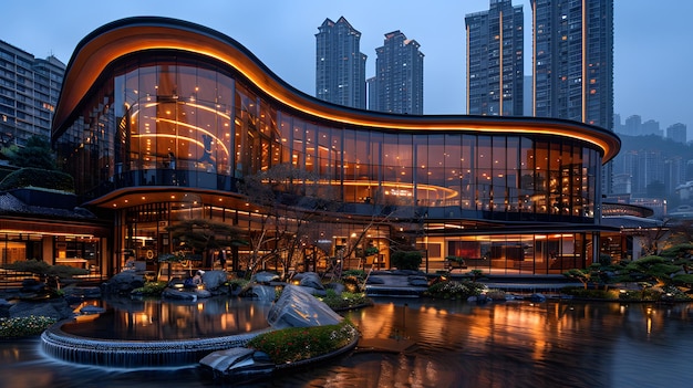 Photo the building is a modern building with a fountain and a fountain in the foreground