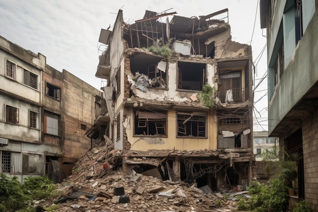 A building is surrounded by rubble and the word peace is on the side.