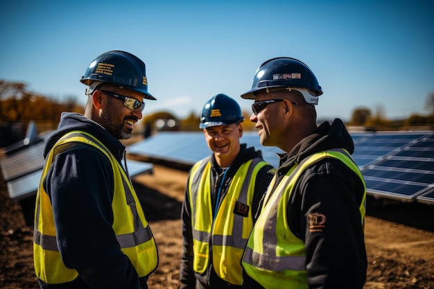 Building managers wearing helmets Three man workers portrait with constructive helmet Generative AI