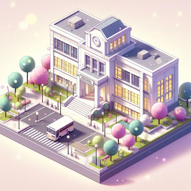 building model with pink background and buildings