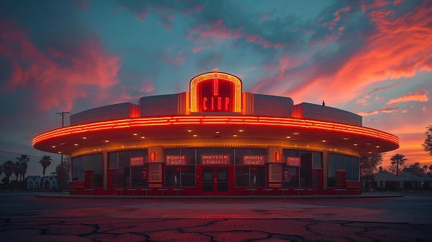 the building of the movie theater is lit up at night