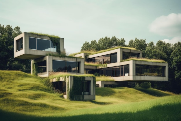 Building in a park with a grassy elements An ecological village concept Generative AI