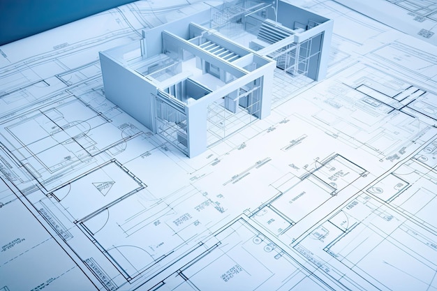 Building project plan Blueprint of a modern house with 3d model Generative AI