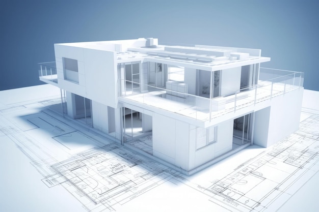 Building project plan Blueprint of a modern house with 3d model Generative AI