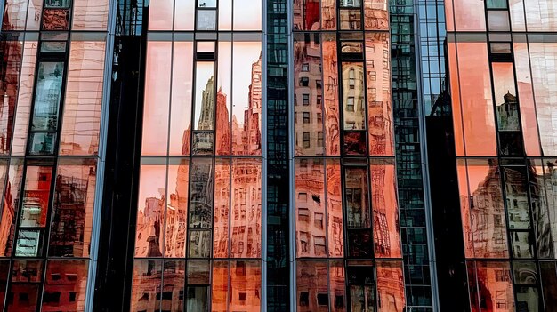 a building reflected in a glass window that says  the name of the city