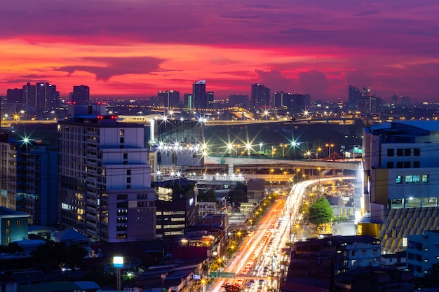 Building at the sunset with twilight sky blue purple background city landscape