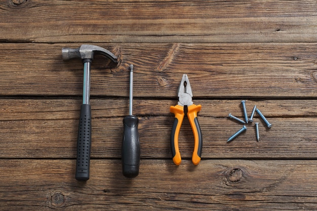 Building tools on dark wooden