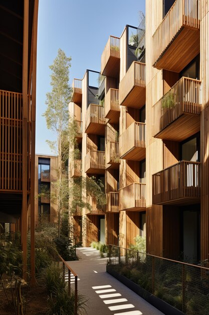 A building with balconies and a balcony with a tree in the background.