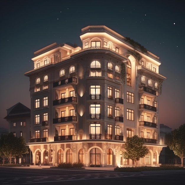 A building with a balcony and a balcony with lights on the top.