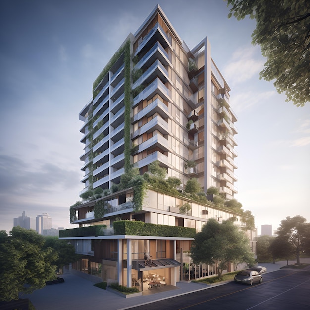 A building with a balcony and plants on the top