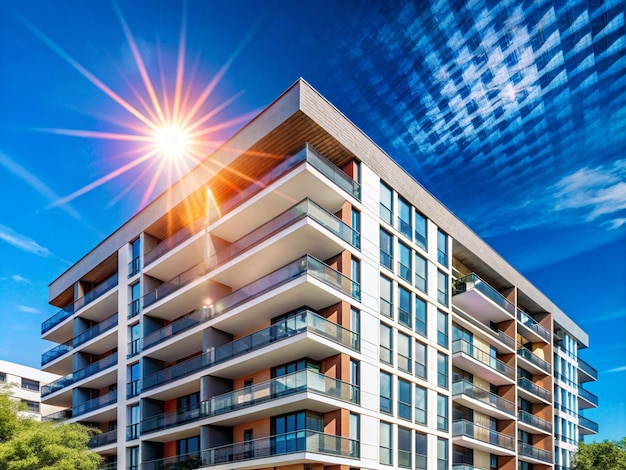 a building with a balcony and the sun shining on the sky